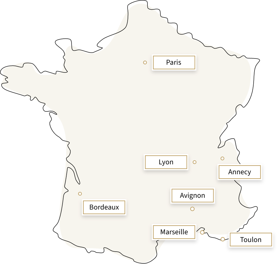 Carte de France avec les 7 grandes villes où ADB Gestion est implanté